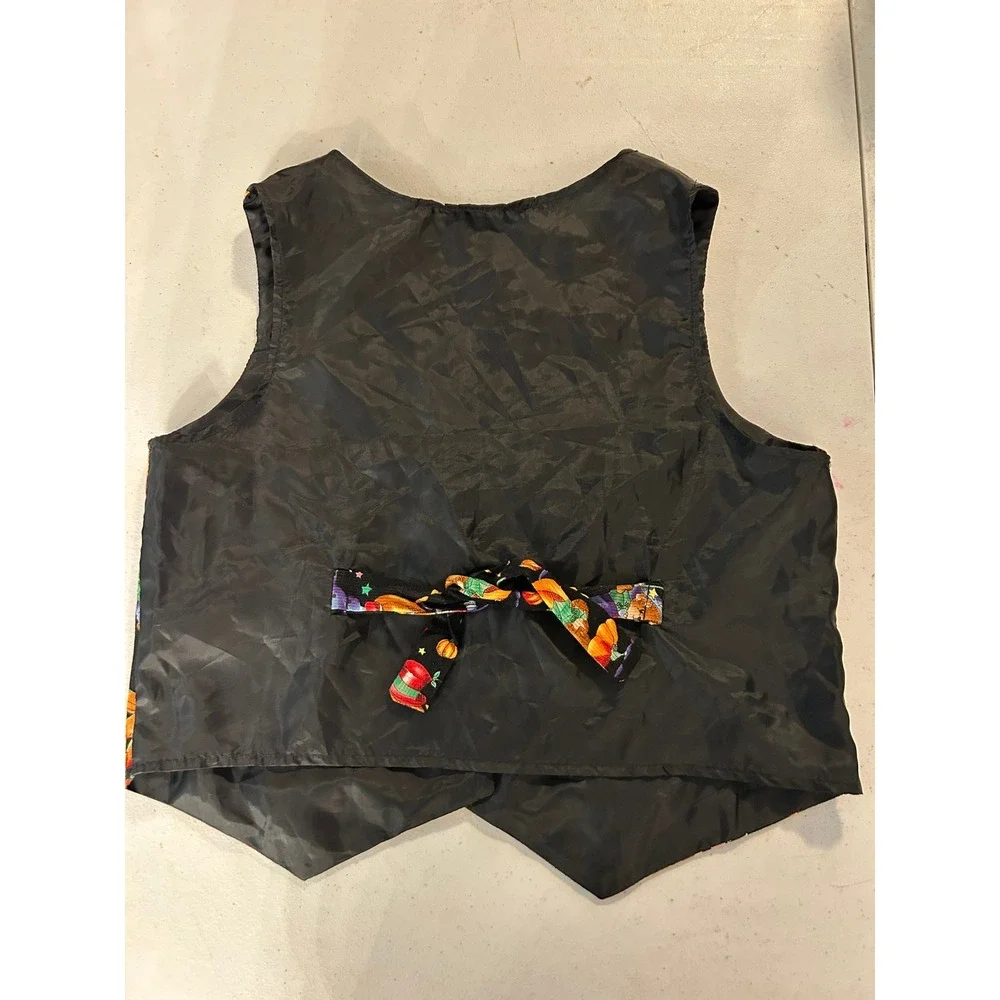 Vintage Halloween Vest Kids Large Black Corduroy Bear Pumpkin Retro Fall